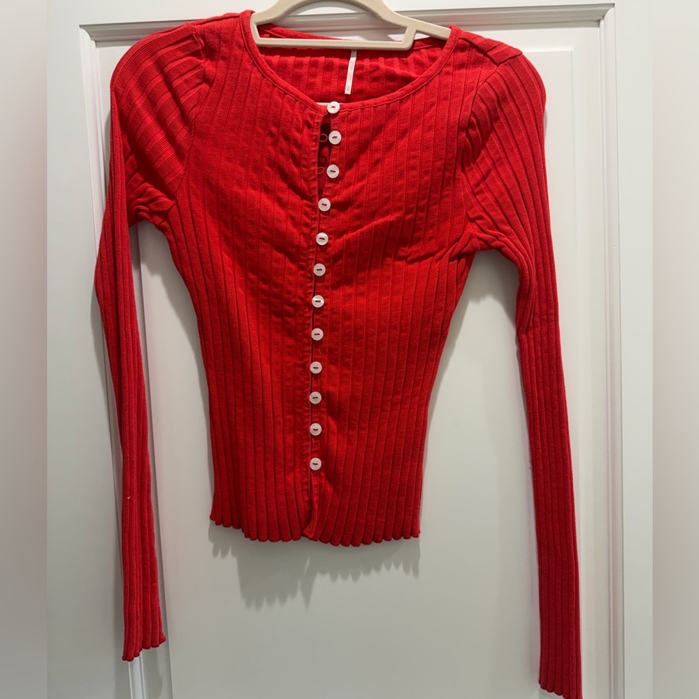Free People Red Ribbed Cardigan - Size Medium